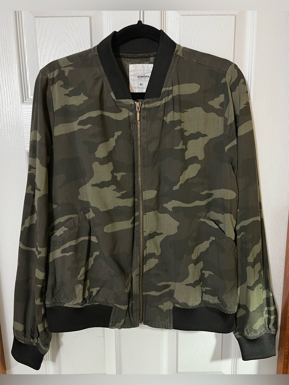 Sonoma Jacket Bomber Jacket Camo Camouflage Full Zip Lightweight Green Womenโs M